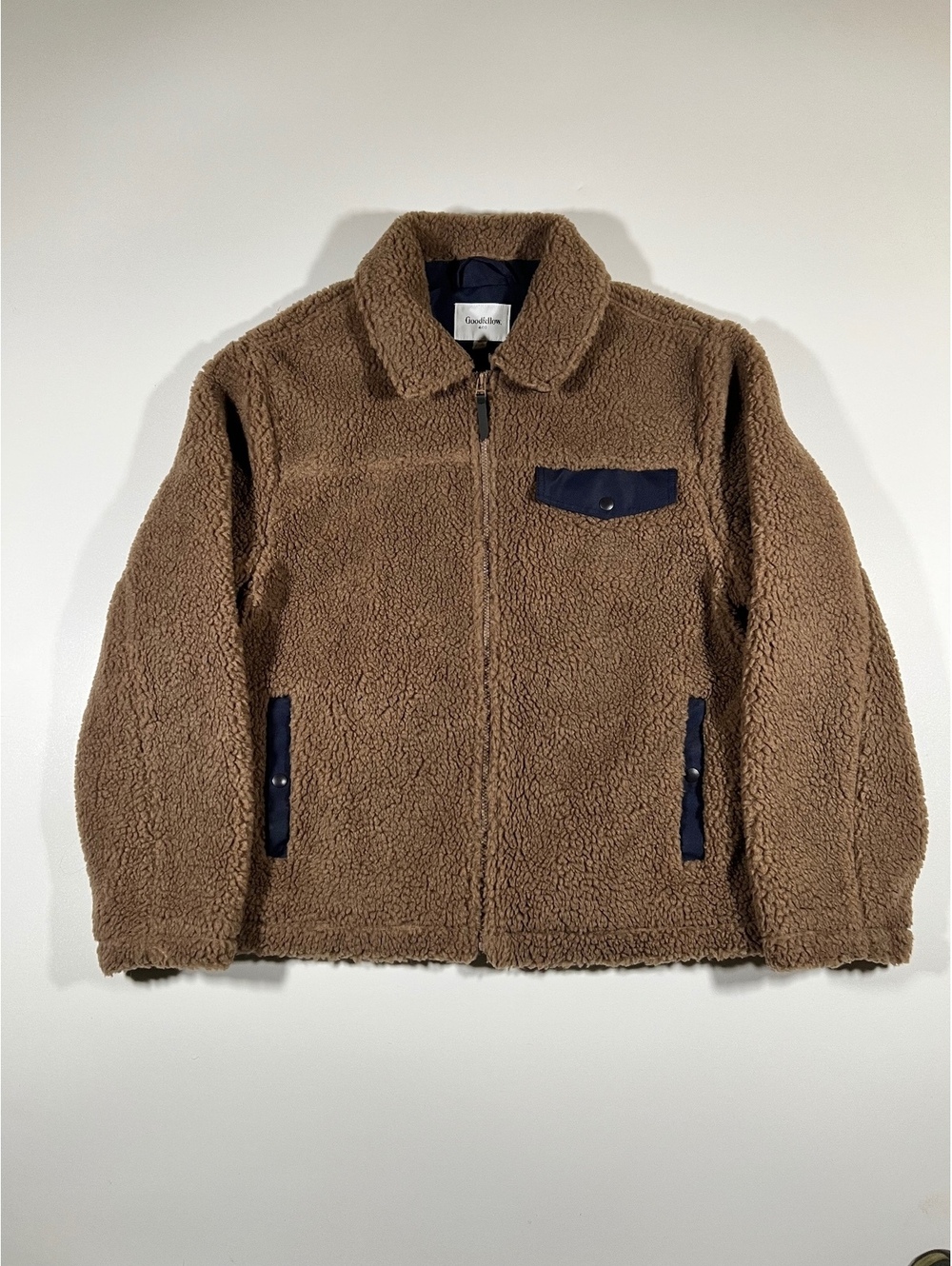 Goodfellow & Co Brown Sherpa Fleece Jacket Men's Navy Trim Zip-Up Coat